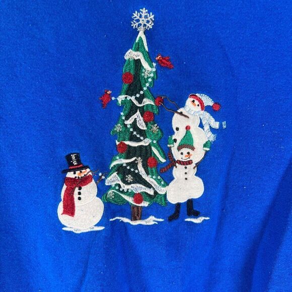 Women's Vintage Blue Snowman Holiday Grandma Embroidered Christmas Sweater / S - Picture 3 of 5